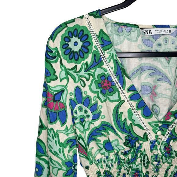 Zara Floral‎ Cropped Long-sleeve Green and Blue Size L - Picture 4 of 7
